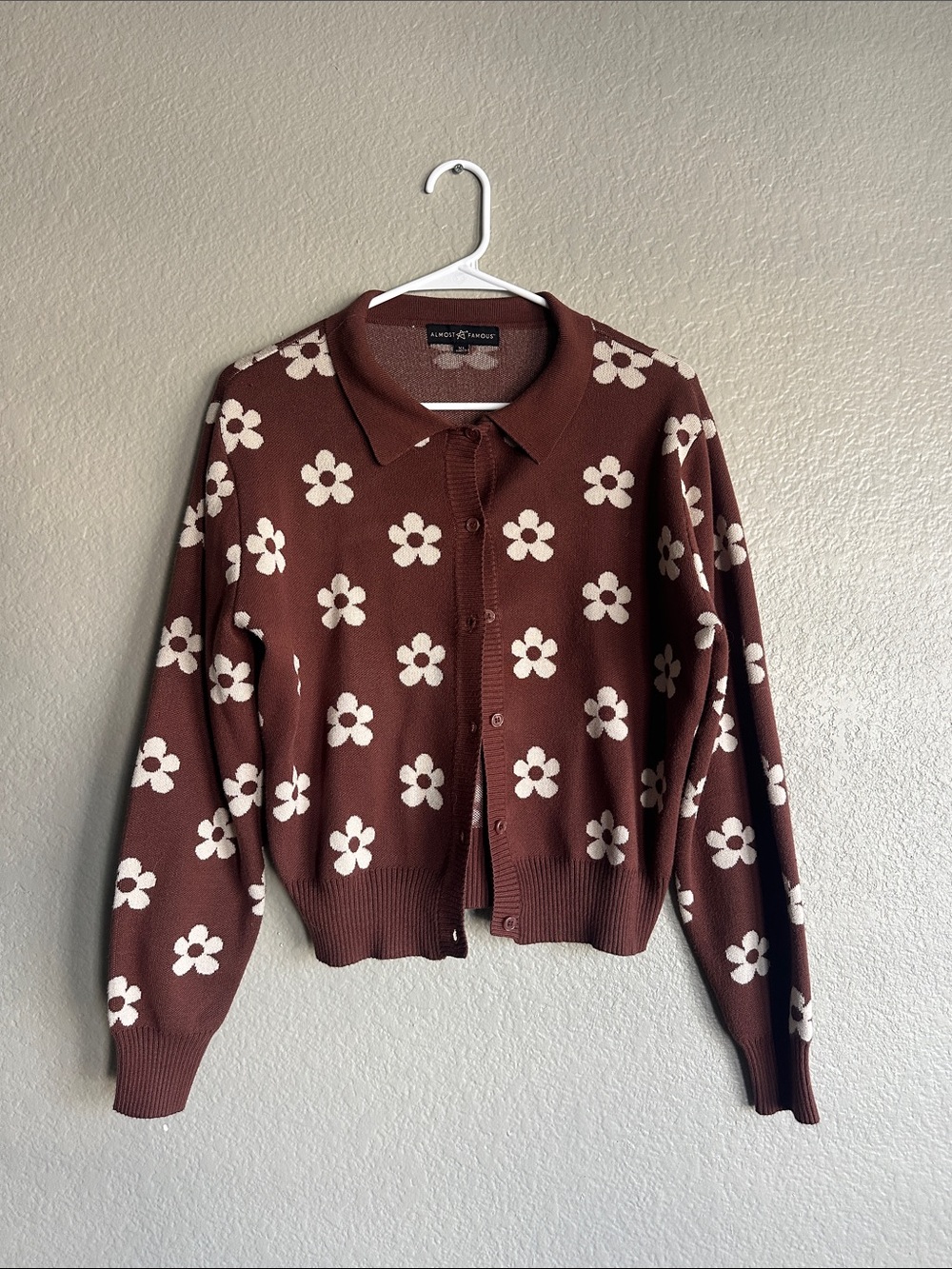 Almost Famous Brown Floral Collared Button-Up Cardigan